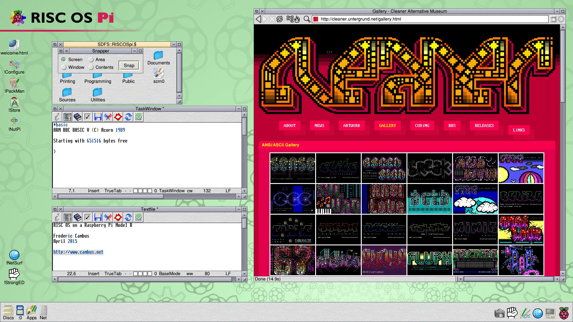 RISC OS running BBC Basic, StrongEd and NetSurf